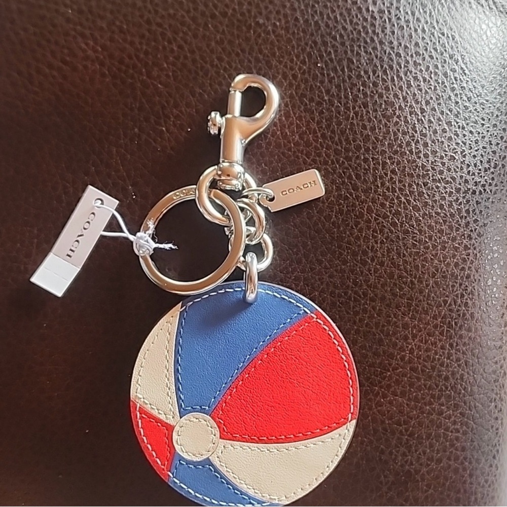 Coach Round Leather Beachball Keychain Bag Charm in Red, Blue & Cream NWT - Picture 4 of 7